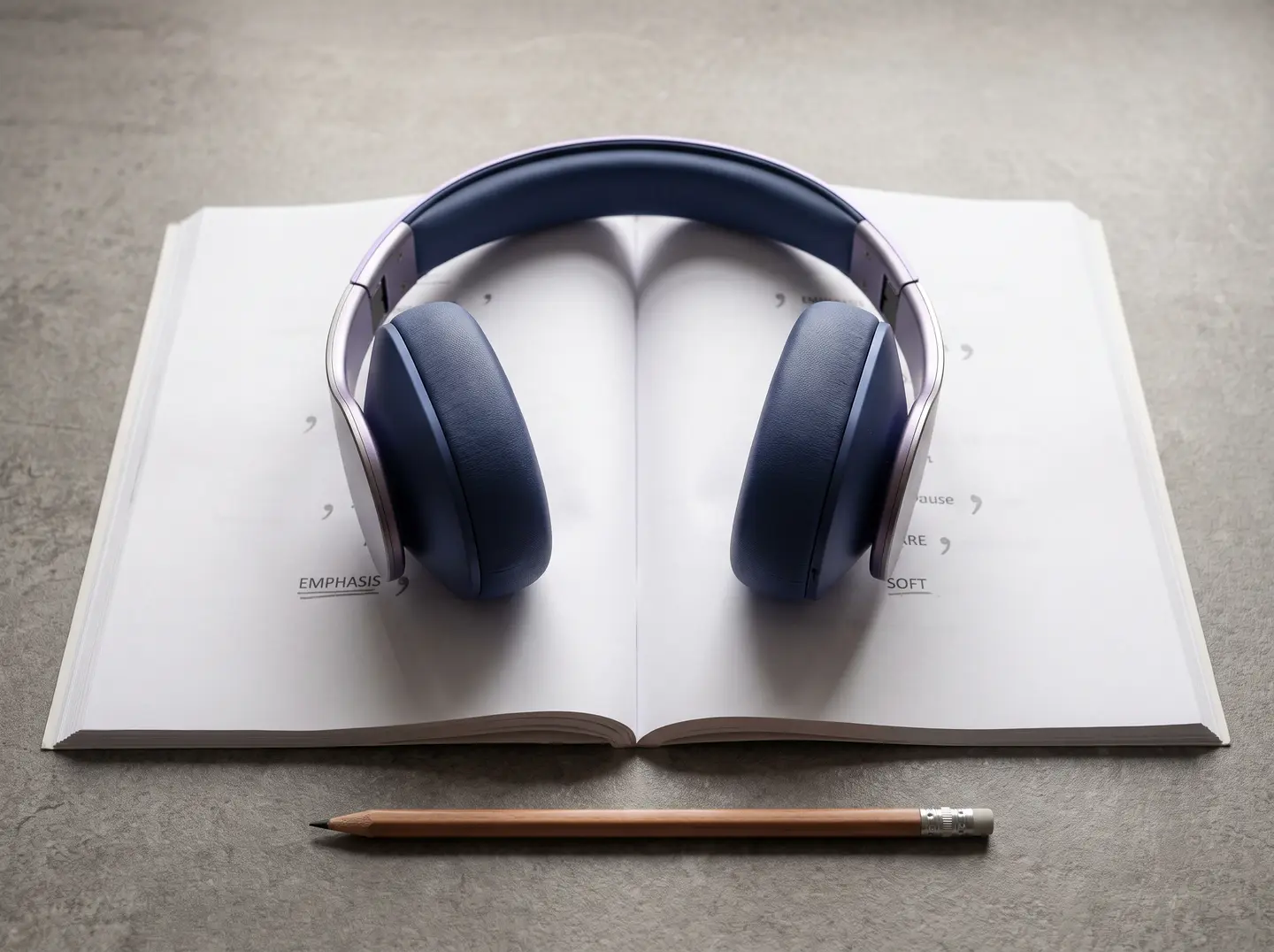 Studio headphones resting on an open voice over script marked in pencil, beside a sharpened pencil