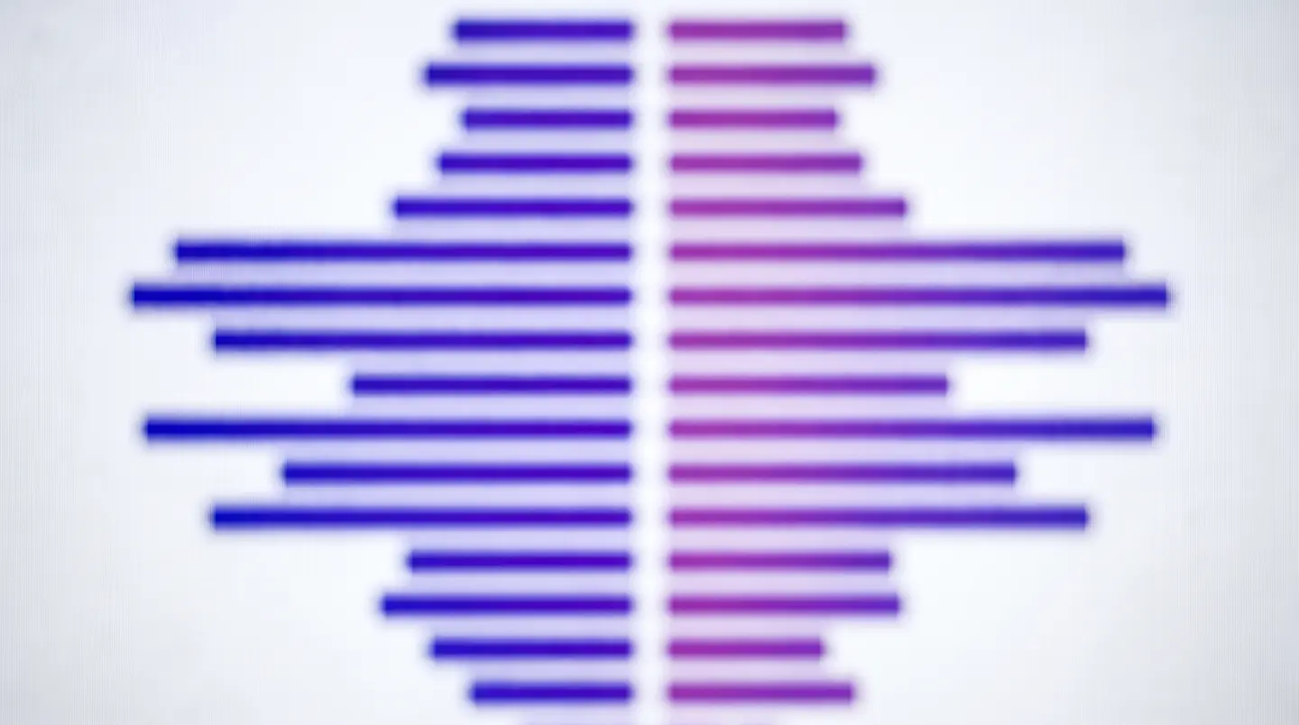 Soft-focus horizontal audio level-meter bars glowing indigo and violet on a pale ground